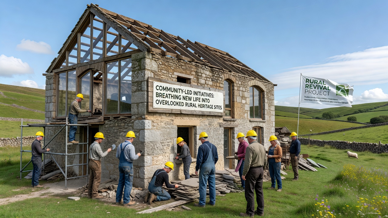 Group of local residents and experts documenting features at an abandoned rural chapel during a preservation workshop