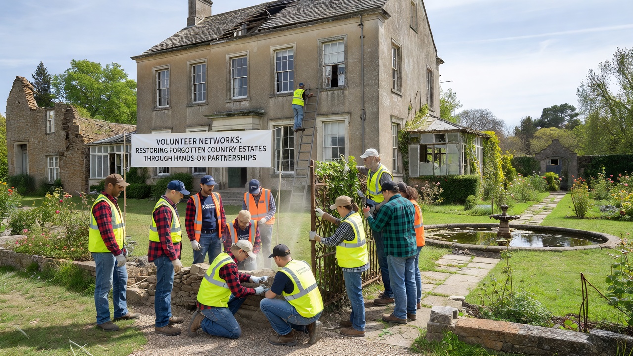 Group of volunteers applying traditional plasterwork inside a restored estate hall under partnership supervision